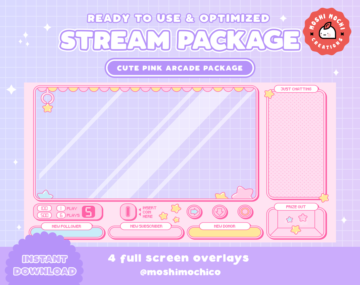Twitch Cute Pink Crane Arcade Overlay Package