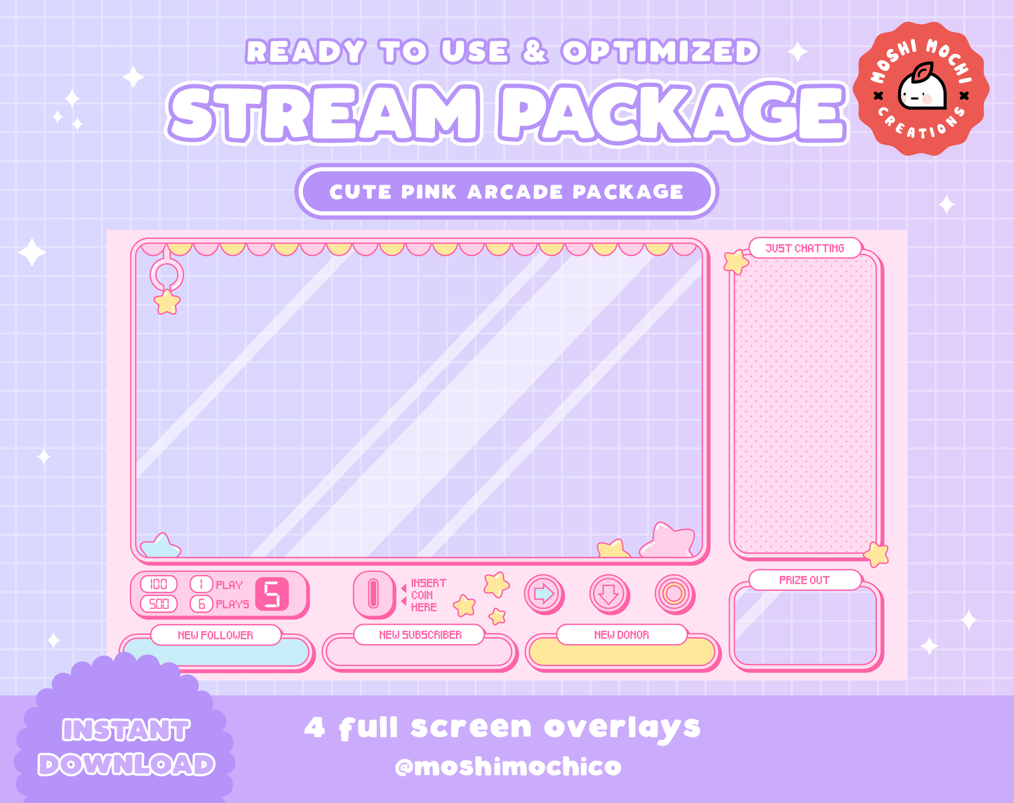 Twitch Cute Pink Crane Arcade Overlay Package