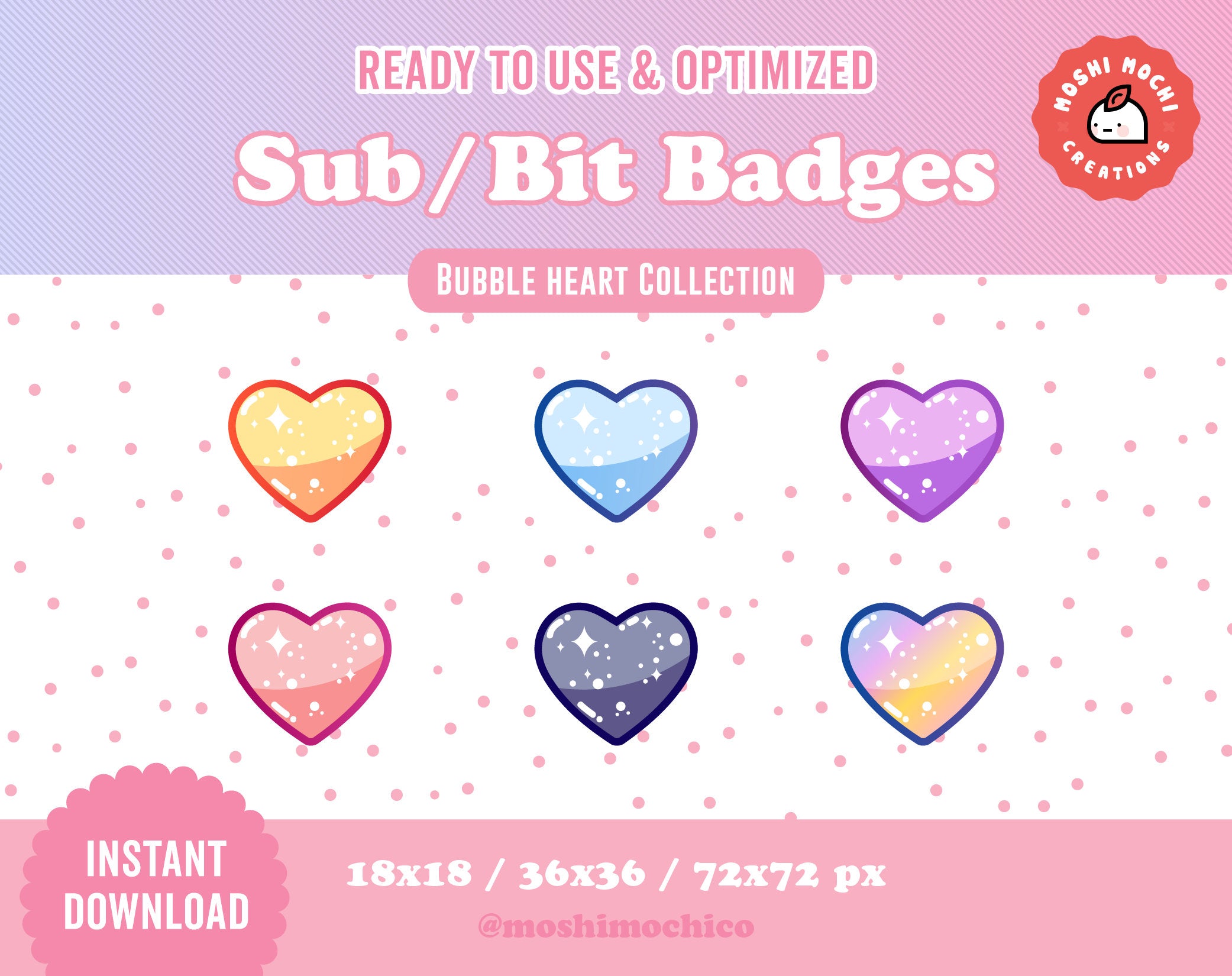 Heart Sub Badges - 6 x Shiny Twitch Sub Badges with Photoshop Files