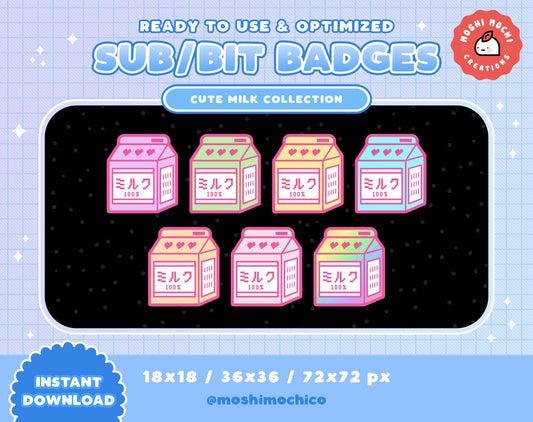 Twitch Sub Badges / Bit Badges - 7x Cute Aesthetic Pastel Milk Carton Collection