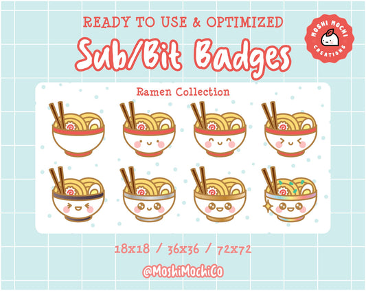 Twitch Sub Badges / Bit Badges - 8x Cute Ramen Bowls