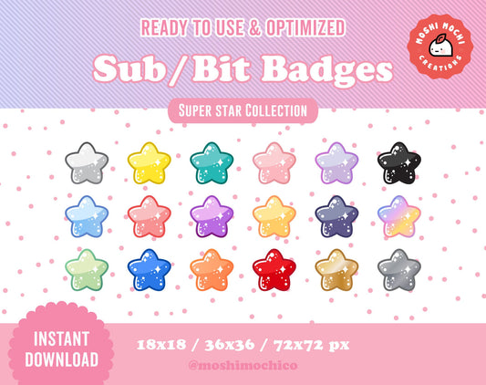 Twitch Sub Badges / Bit Badges - 18x Super Glossy Sparkle Stars