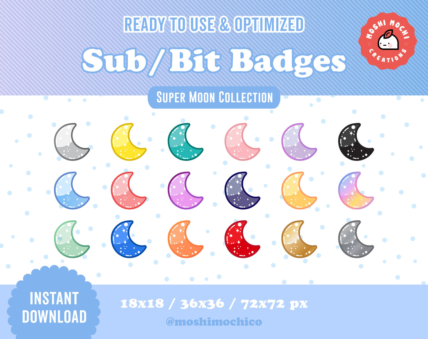 Twitch Sub Badges / Bit Badges - 18x Cute Glossy Bubble Moon