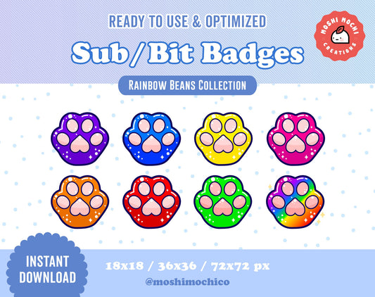 Twitch Sub Badges / Bit Badges - 8x Rainbow Toe Bean Paws