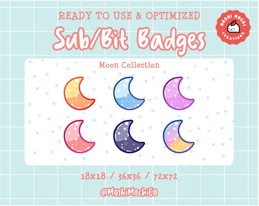 Twitch Sub Badges / Bit Badges - 6x Cute Glossy Bubble Moon