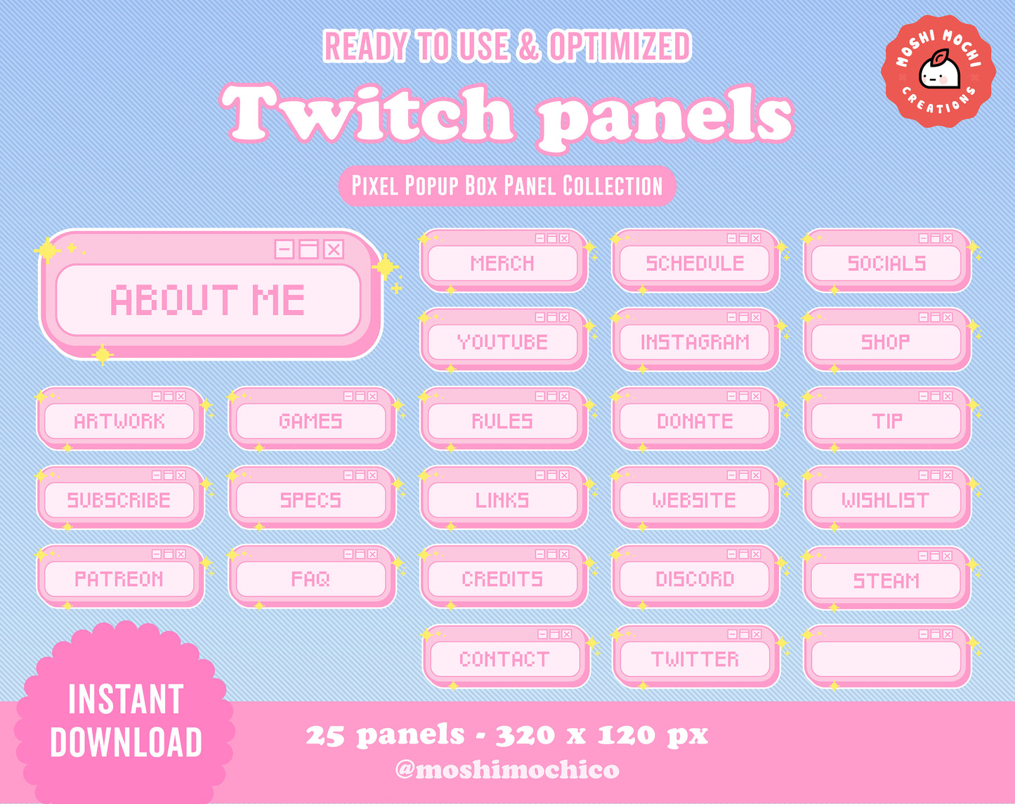 Twitch Panels - 25x Pink Pixel Pop Up Box Collection