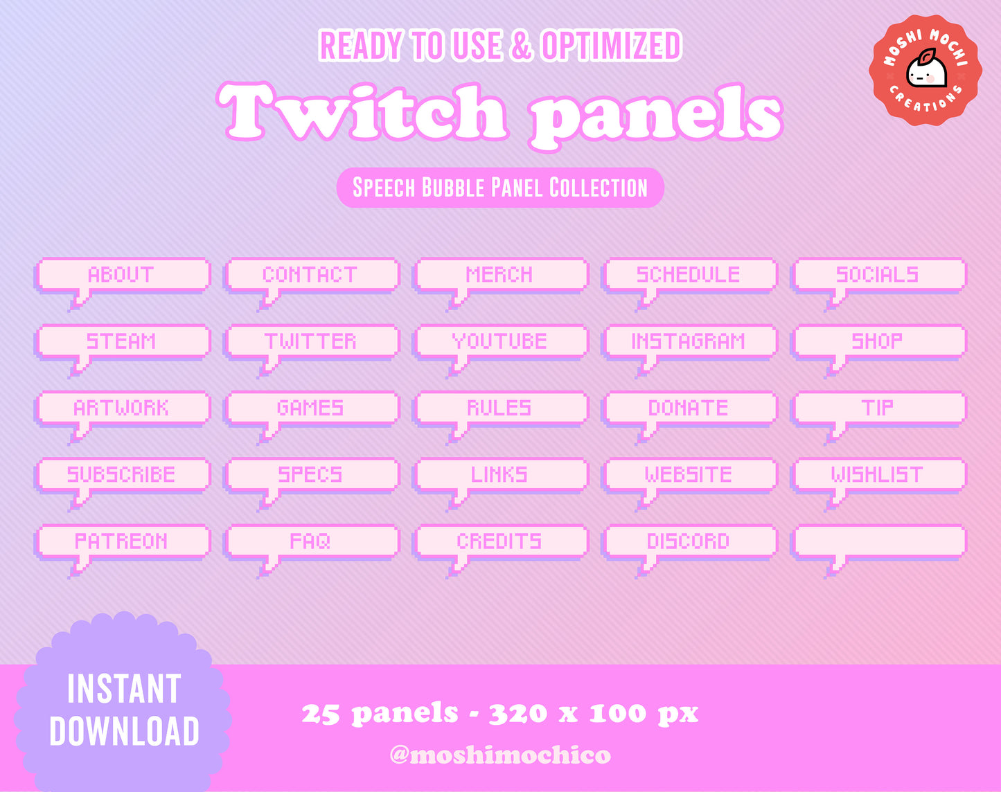 Twitch Panels - 25x Neon Pink Pixel Speech Bubble Collection