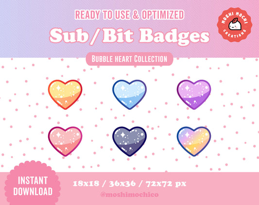 Twitch Sub Badges / Bit Badges - 6x Glossy Sparkle Hearts