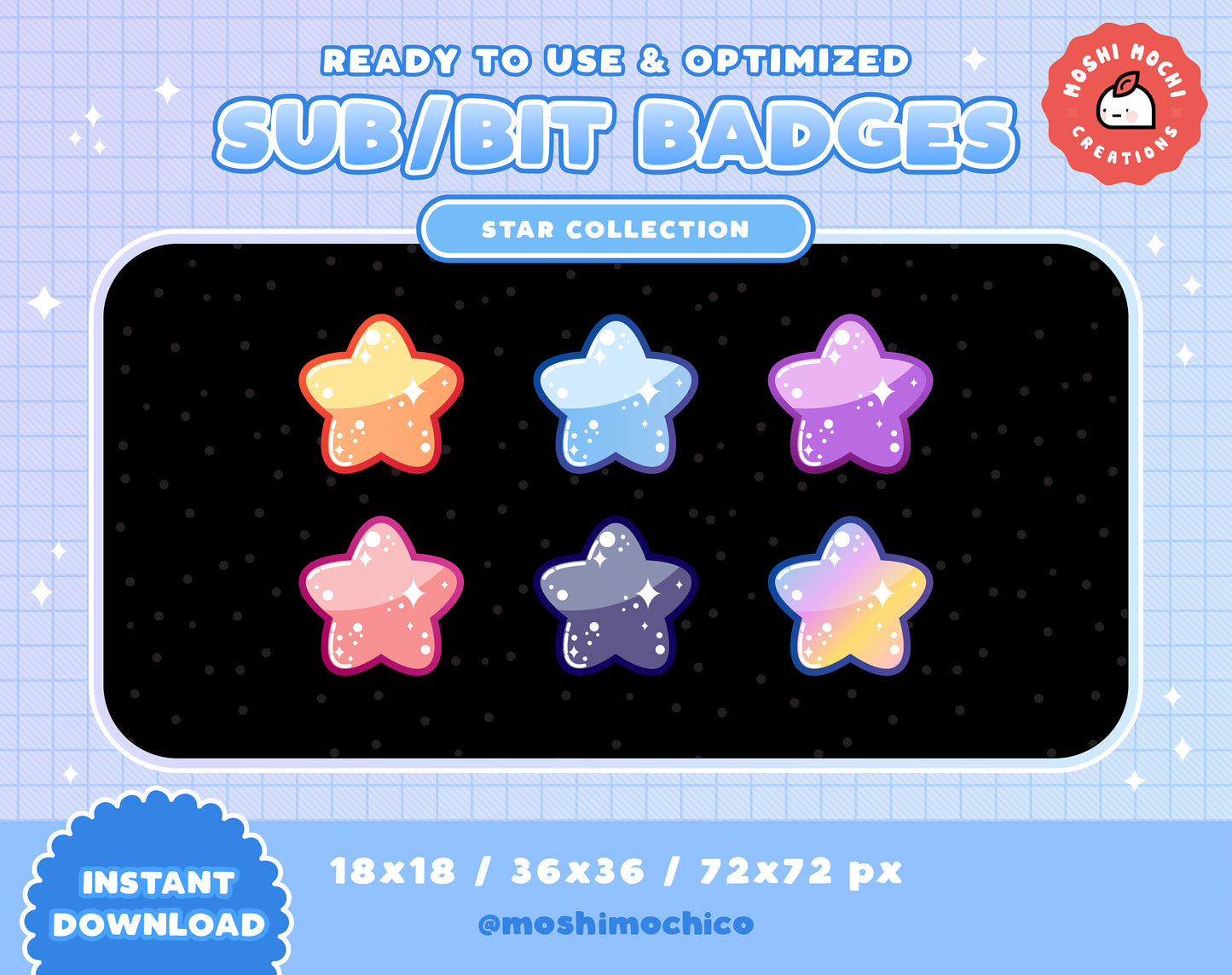 Twitch Sub Badges / Bit Badges - 6x Cute Glossy Bubble Star