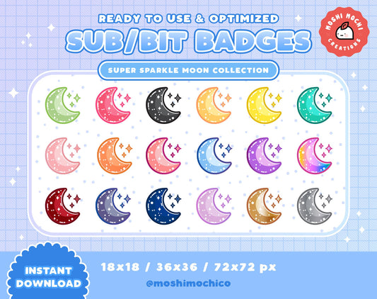 Twitch Sub Badges / Bit Badges - 18x Cute Glossy Sparkle Bubble Moon