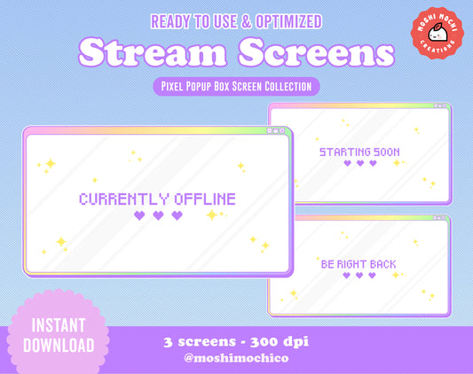 Twitch Stream Screens - 3x Rainbow Gradient Pixel Pop Up Box Collection