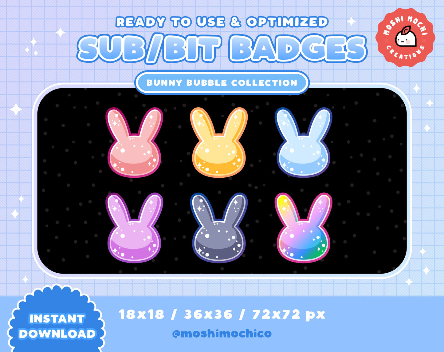 Twitch Sub Badges / Bit Badges - 6x Cute Glossy Bubble Bunny