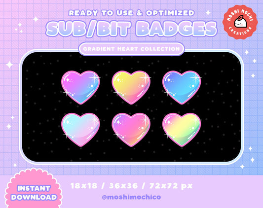 Twitch Sub Badges / Bit Badges - 6x Sparkle Gradient Hearts