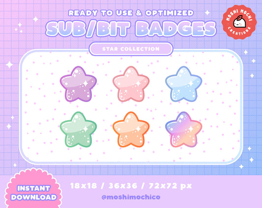 Twitch Sub Badges / Bit Badges - 6x Cute Glossy Pastel Bubble Stars