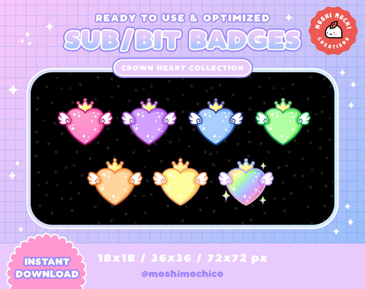 Twitch Sub Badges / Bit Badges - 7x Magical Sparkle Bubble Crown Hearts