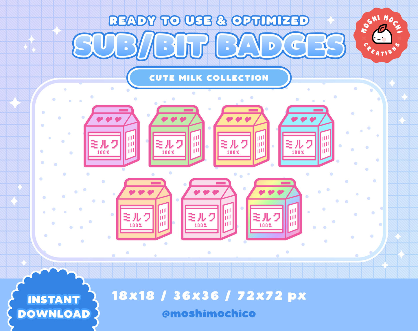 Twitch Sub Badges / Bit Badges - 7x Cute Aesthetic Pastel Milk Carton Collection