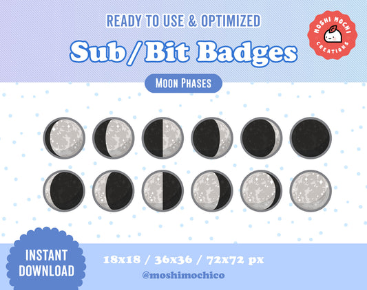 Twitch Sub Badges / Bit Badges - 12x Moon Phases Collection