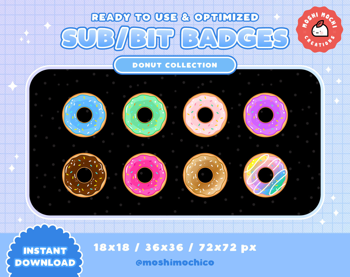 Twitch Sub Badges / Bit Badges - 8x Cute Sparkle Donuts