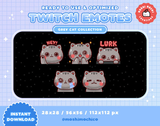 Twitch Emotes - 5x Grey Kitty Cat