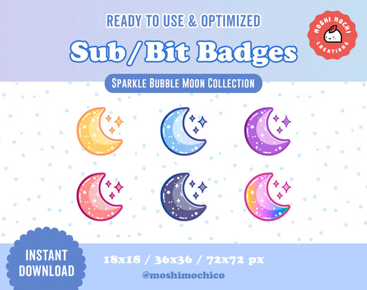 Twitch Sub Badges / Bit Badges - 6x Cute Glossy Sparkle Bubble Moon