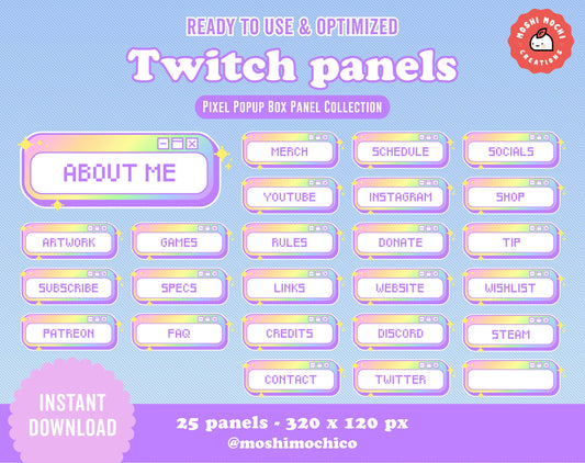 Twitch Panels - 25x Rainbow Gradient Pixel Pop Up Box Collection