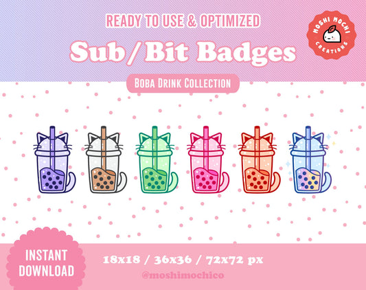 Twitch Sub Badges / Bit Badges - 6x Cat Boba Bubble Tea