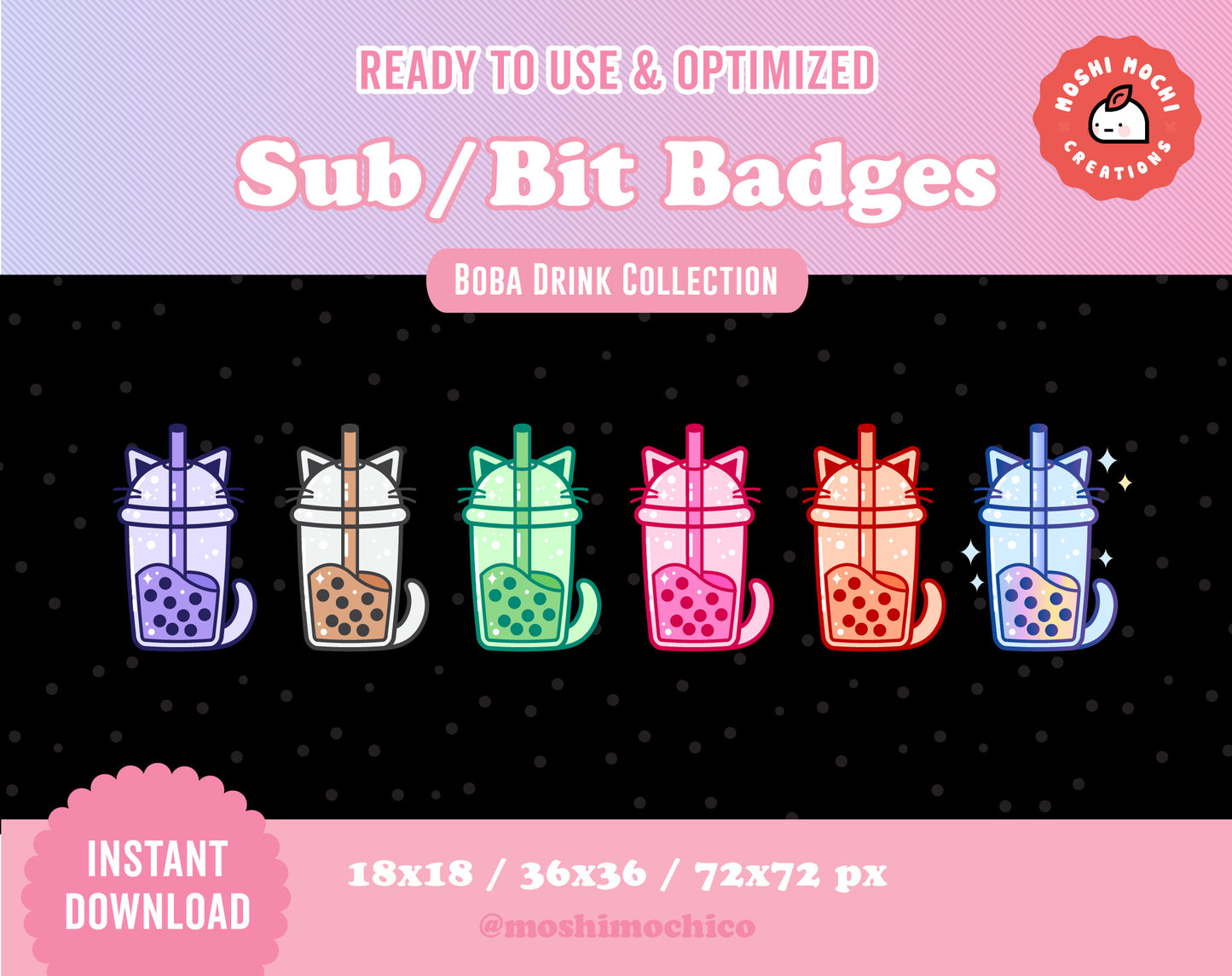 Twitch Sub Badges / Bit Badges - 6x Cat Boba Bubble Tea