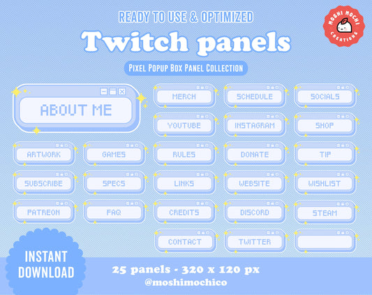 Twitch Panels - 25x Baby Blue Pixel Pop Up Box Collection