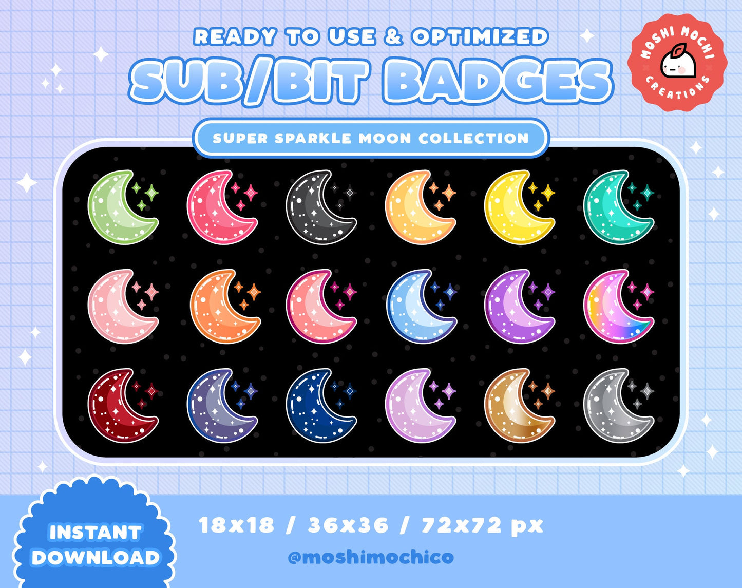 Twitch Sub Badges / Bit Badges - 18x Cute Glossy Sparkle Bubble Moon