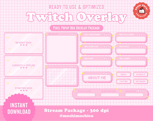 Twitch Stream Package - Pink Pixel Pop Up Box Overlay Collection