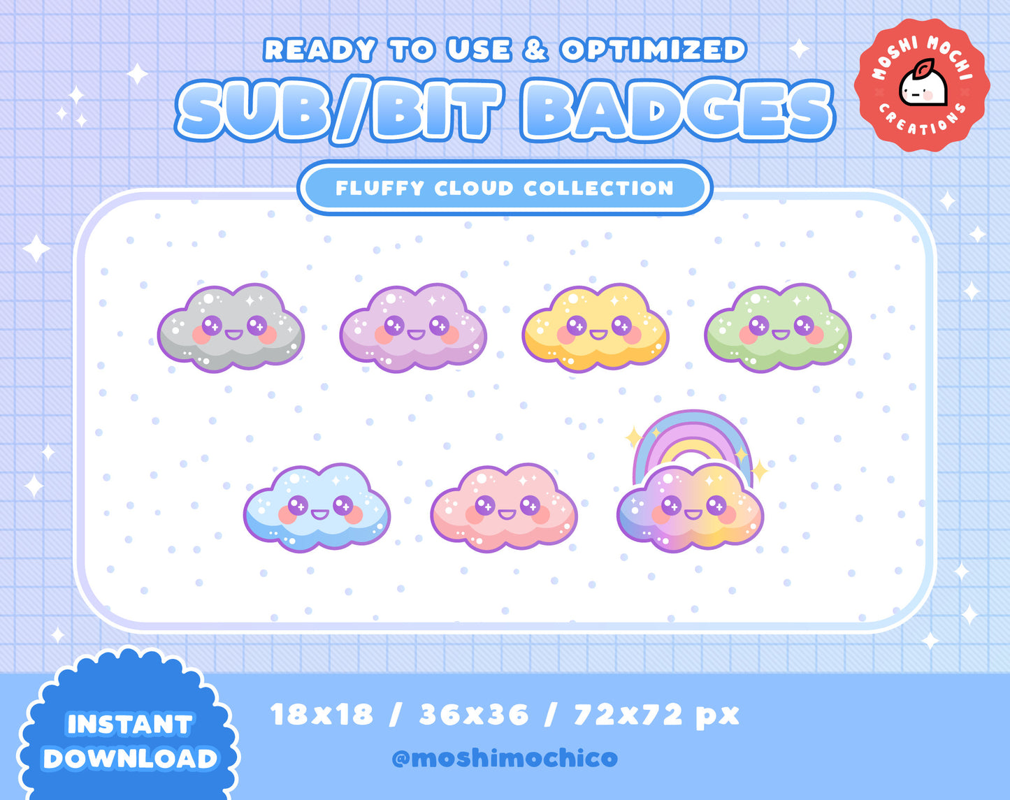 Twitch Sub Badges / Bit Badges - 7x Cute Glossy Fluffy Magical Cloud