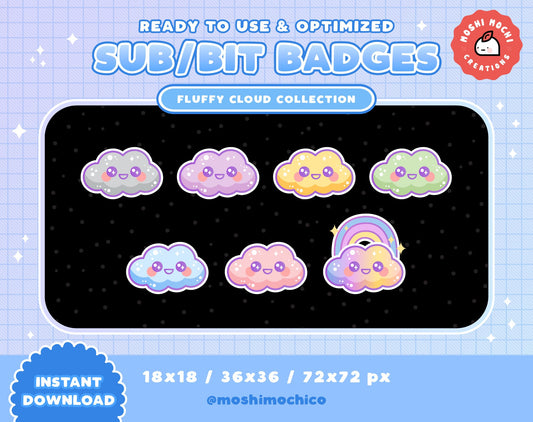 Twitch Sub Badges / Bit Badges - 7x Cute Glossy Fluffy Magical Cloud