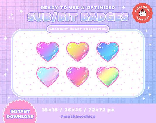 Twitch Sub Badges / Bit Badges - 6x Sparkle Gradient Hearts