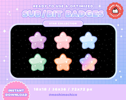 Twitch Sub Badges / Bit Badges - 6x Cute Glossy Pastel Bubble Stars