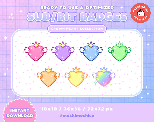 Twitch Sub Badges / Bit Badges - 7x Magical Sparkle Bubble Crown Hearts