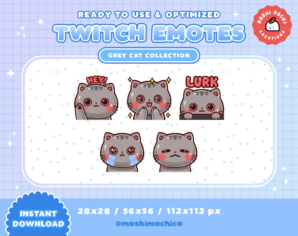 Twitch Emotes - 5x Grey Kitty Cat