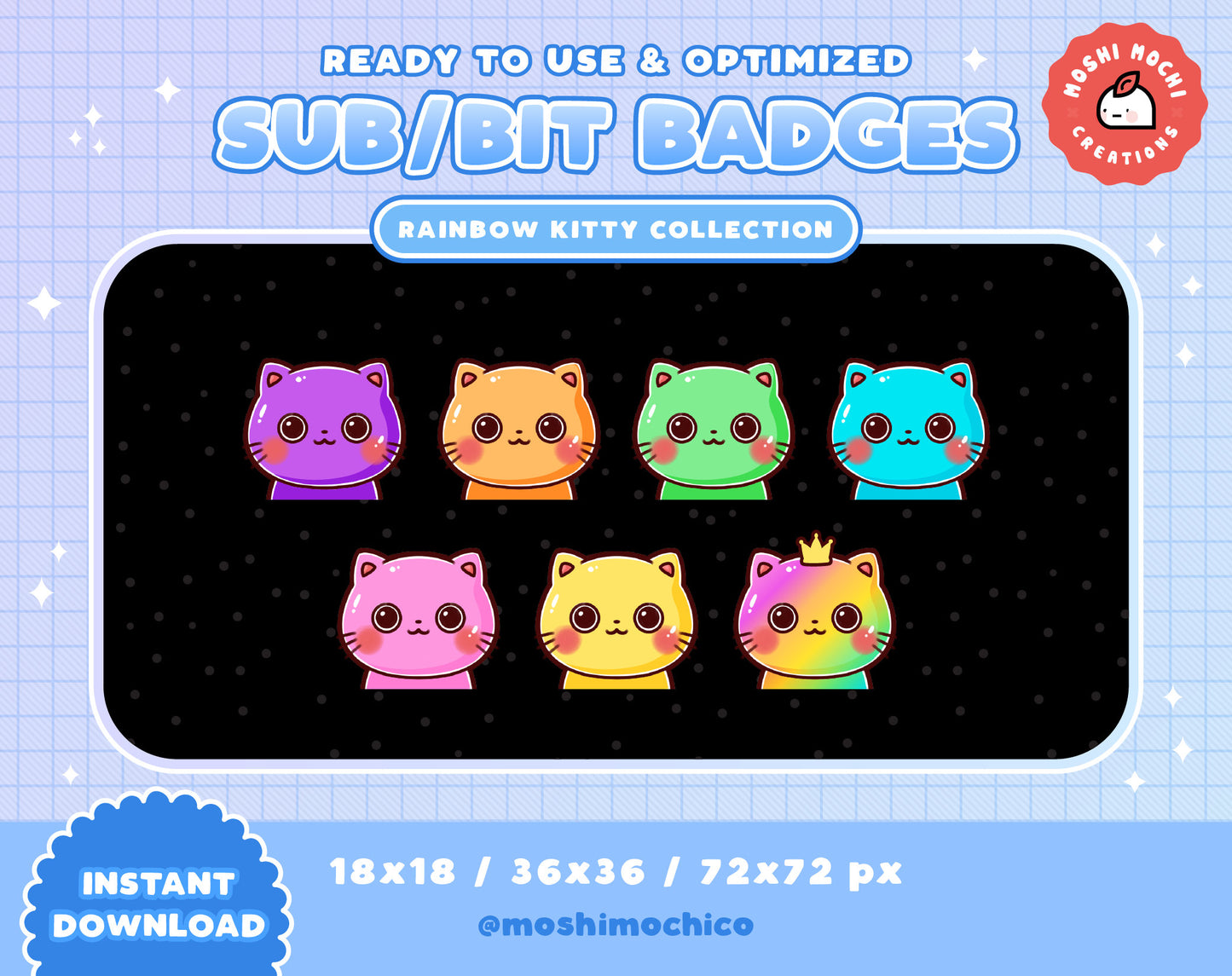 Twitch Sub Badges / Bit Badges - 7x Chibi Rainbow Kitty