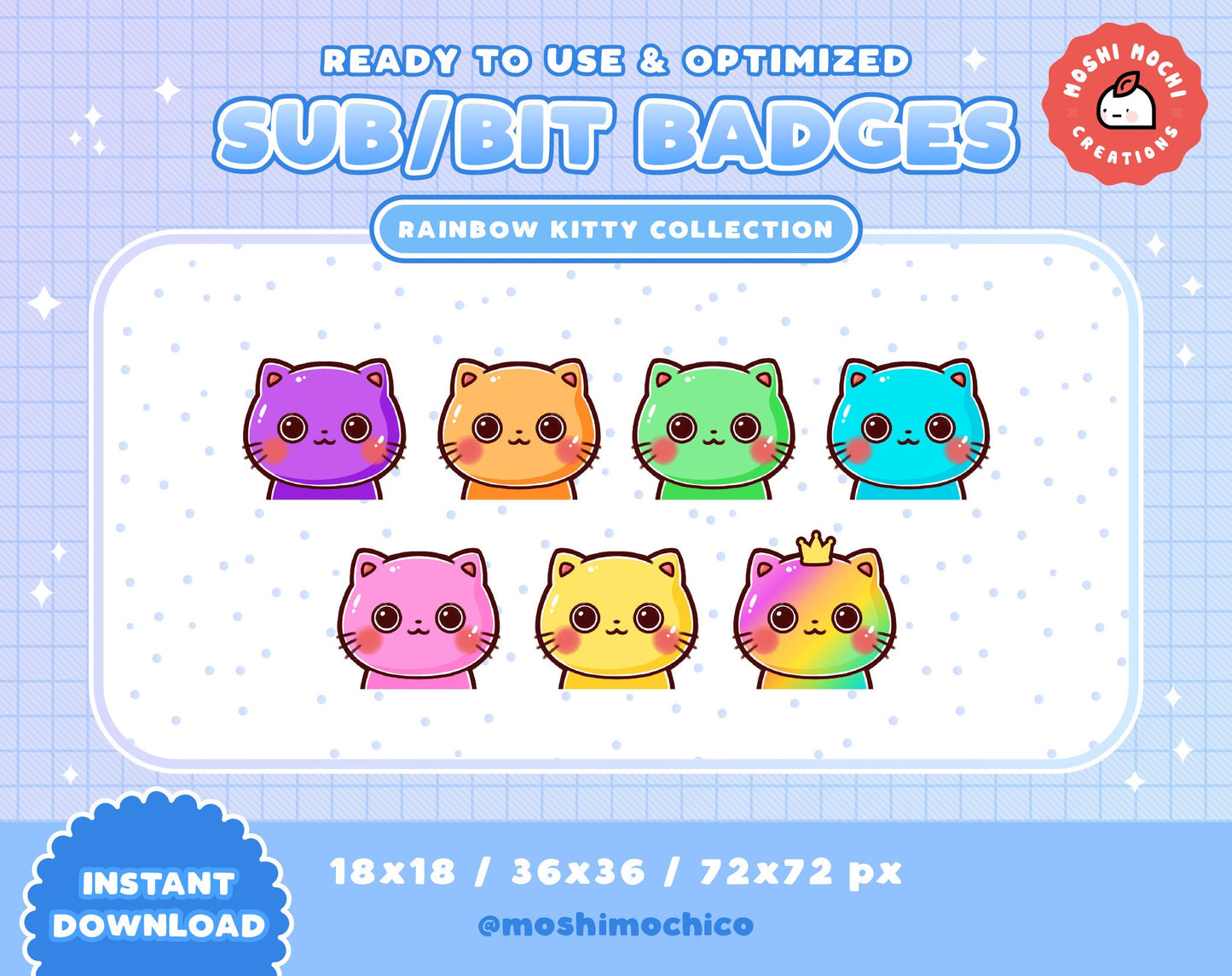 Twitch Sub Badges / Bit Badges - 7x Chibi Rainbow Kitty