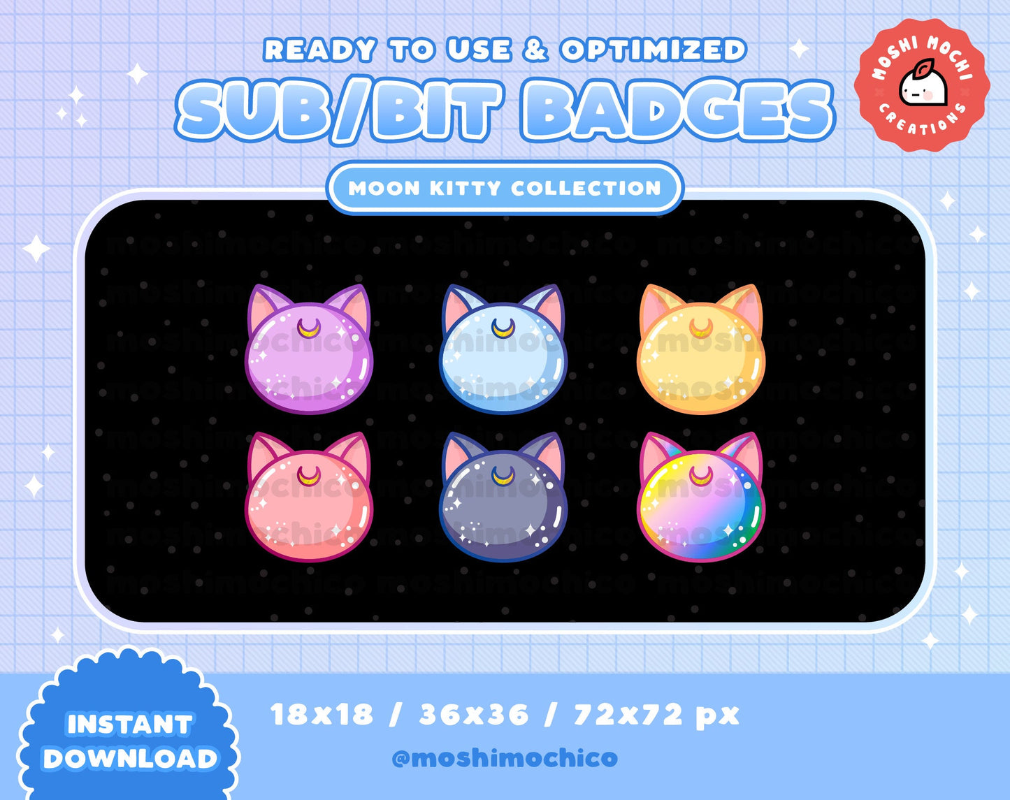 Twitch Sub Badges / Bit Badges - 6x Moon Kitty