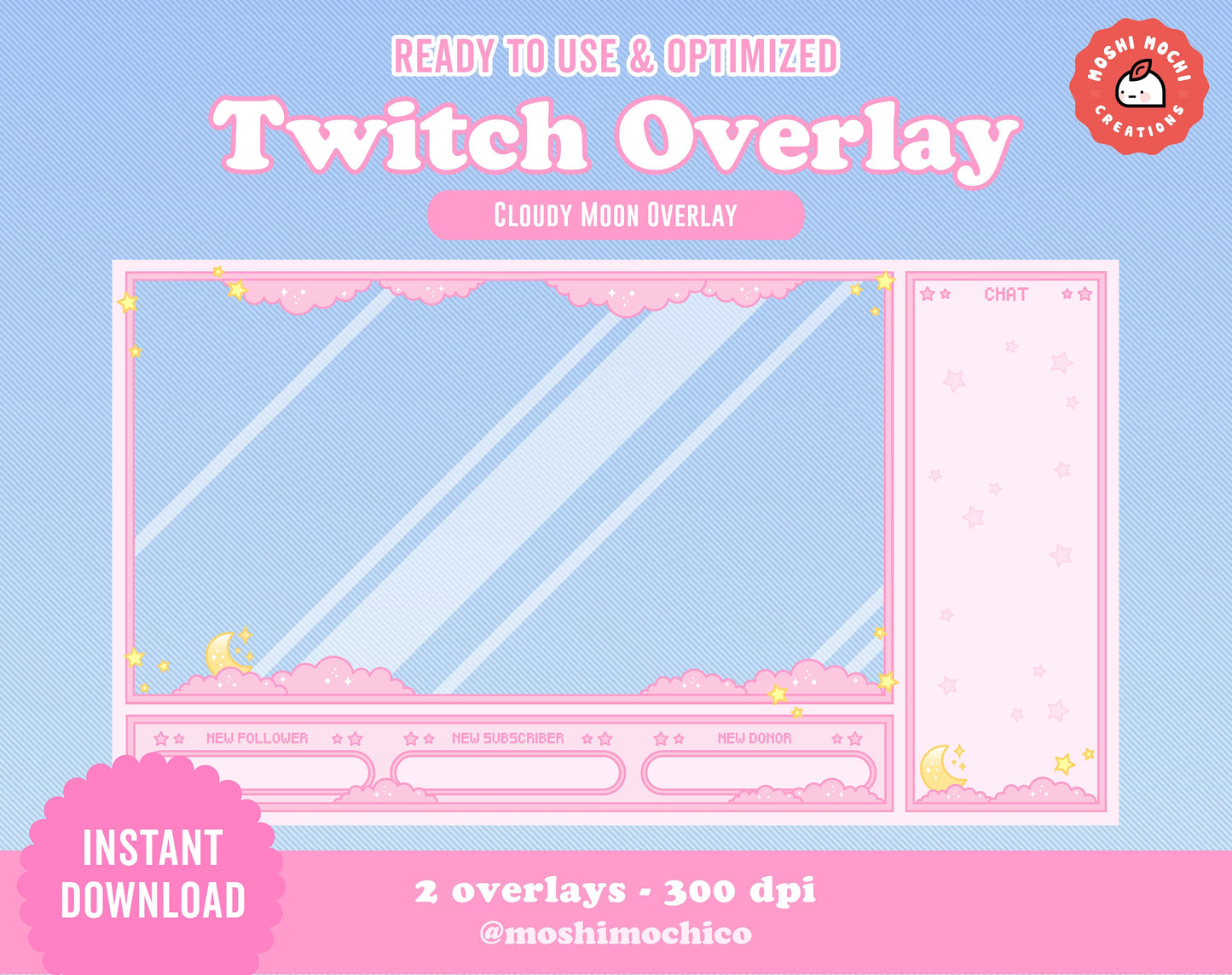 Twitch Full Screen Overlay - 2x Pink Cloudy Moon