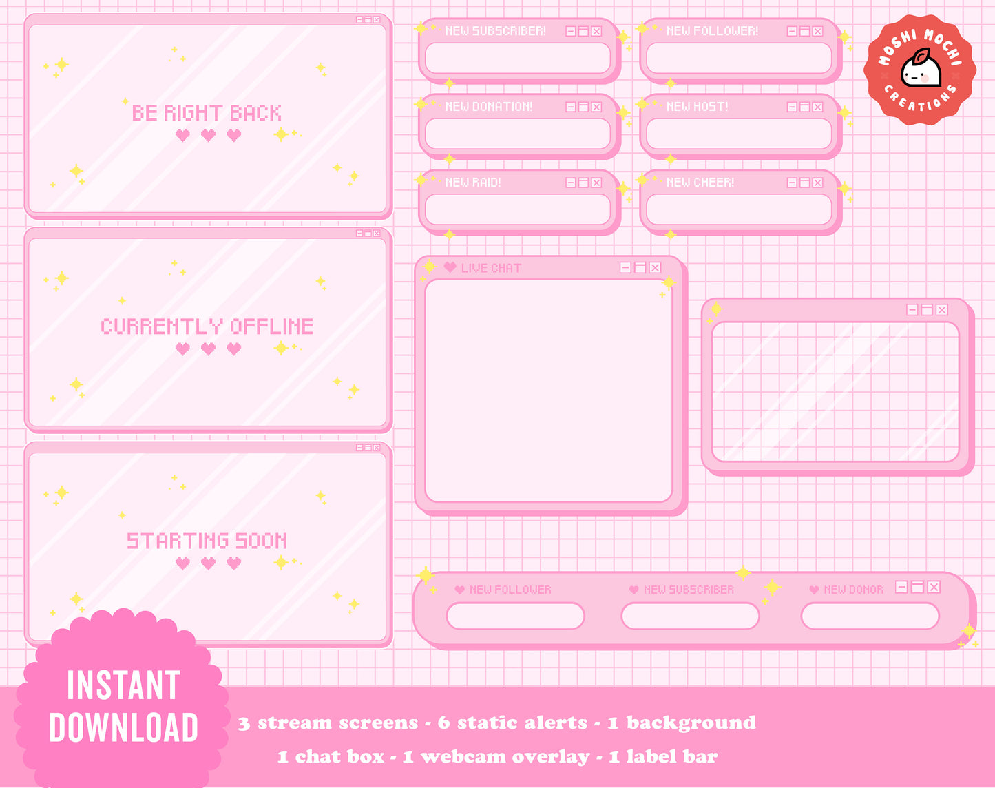 Twitch Stream Package - Pink Pixel Pop Up Box Overlay Collection