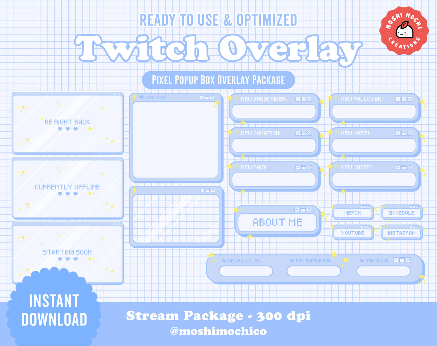 Twitch Stream Package - Blue Pixel Pop Up Box Overlay Collection