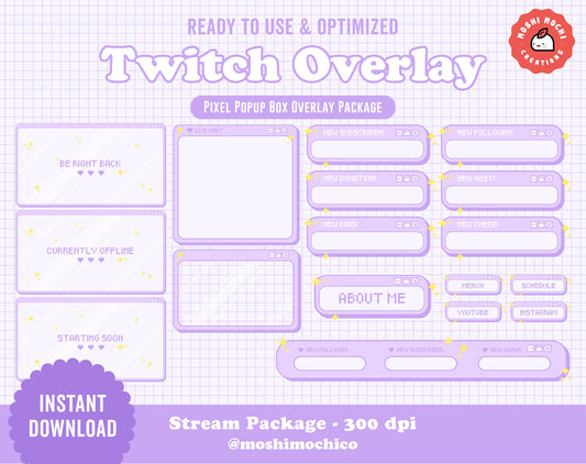 Twitch Stream Package - Purple Pixel Pop Up Box Overlay Collection